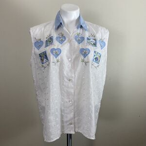 Vintage Eyelet Grandma Button Up Shirt White Embroidered Applique Cottage Size M